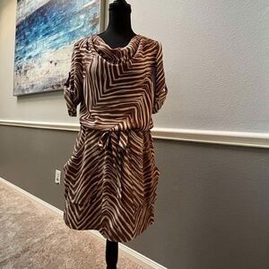 BCBGMAXAZRIA  Brown 100% Silk Midi Dress with Zebra Print size S